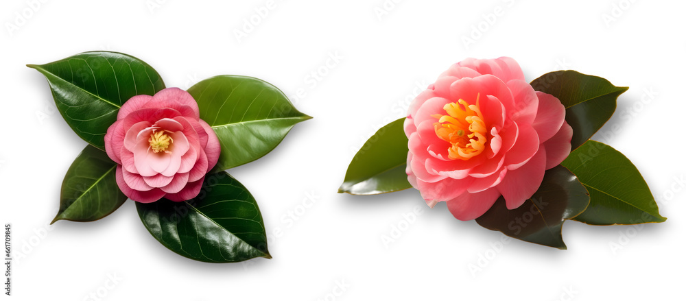 close up of two light pink camellia flowers with leaves isolated on transparent background.