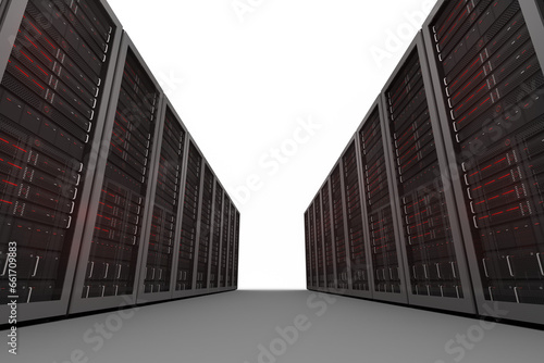 Digital png illustration of servers in row with copy space on transparent background