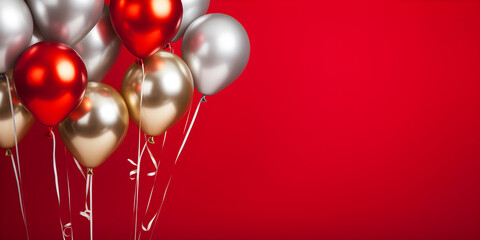 silver and gold balloons isolated on empty red wall background with copy space