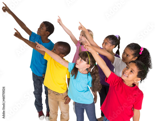 Digital png photo of happy diverse children pointing fingers on transparent background