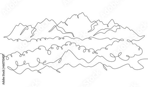 Landscape of high mountains. Beautiful view. Clouds in the mountains. Mountain peaks in the clouds.One continuous line. Linear. Hand drawn, white background