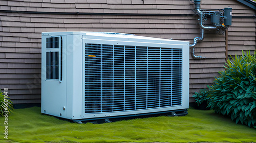 Heat pump or air conditioning outdoor unit in modern house of future using green electric energy, heat pump - efficient source of heat