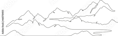 Landscape of high mountains. Beautiful view. Clouds in the mountains. Mountain peaks in the clouds.One continuous line. Linear. Hand drawn, white background
