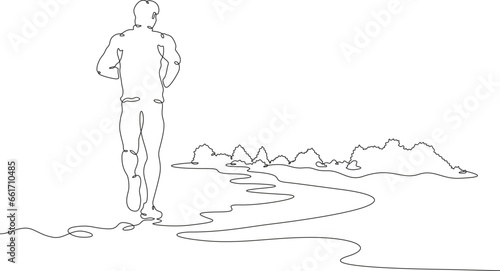 Cross country running. Landscape. Jogging in nature.
Jogging in the fresh air. Active lifestyle. A man runs.One continuous line. Linear. Hand drawn, white background