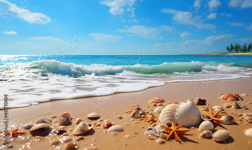 seashells and smooth pebbles delicately adorn the sandy beach, telling tales of ocean journeys and timeless tides