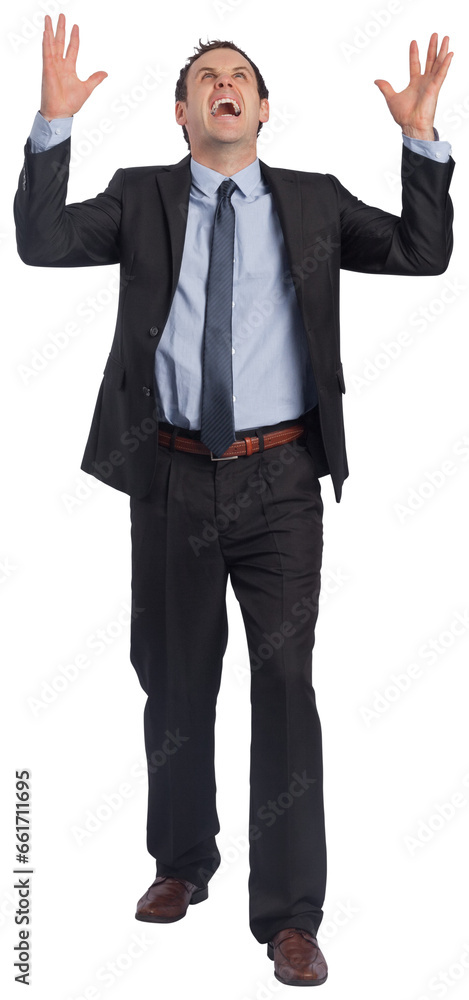 Digital png photo of angry caucasian businessman with hands up on transparent background Digital png photo of angry caucasian businessman with hands up on transparent background
