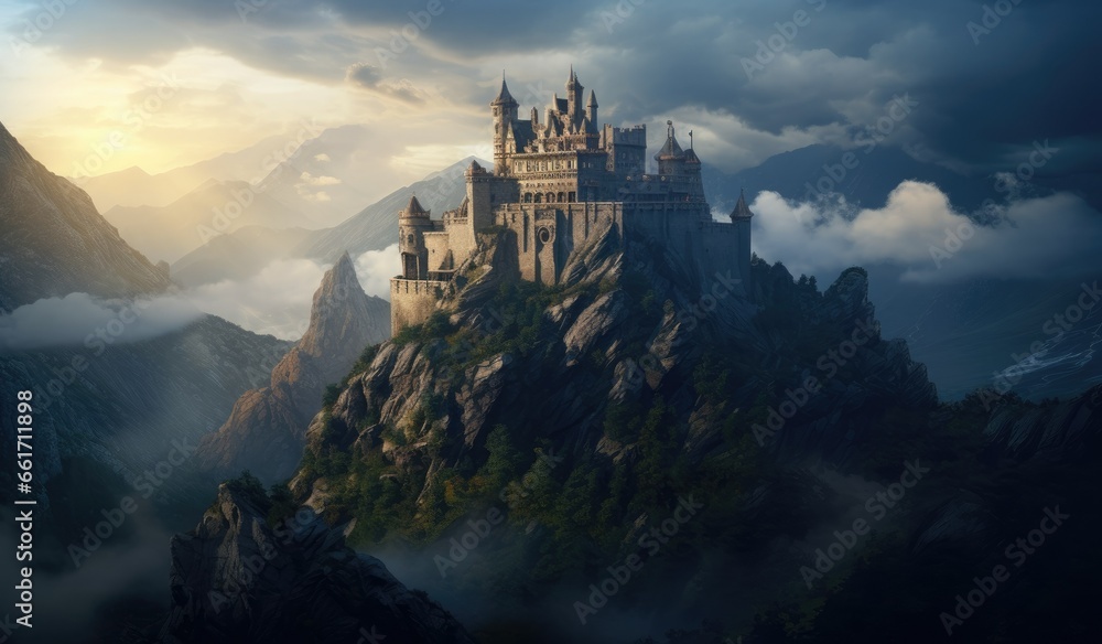 A charming gothic castle fortress sits at the top - obrazy, fototapety, plakaty 