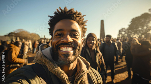 happy african man smiling at massive music event, in europe, world travel photo