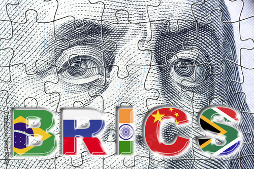Photos The word BRICS with flags of each countries on US dollar