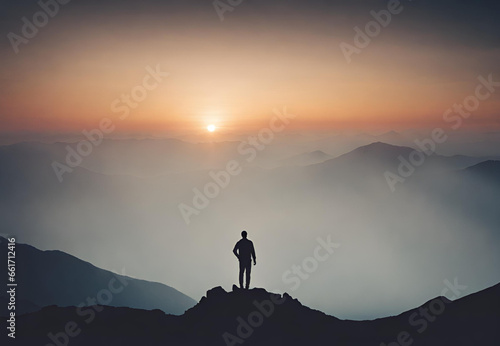 silhouette of a person standing on the top of a mountain, silhouette of a person standing on a mountain top, silhouette of a person on a mountain top