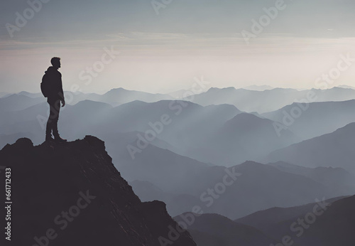 silhouette of a person standing on a mountain, silhouette of a person on a mountain top, 