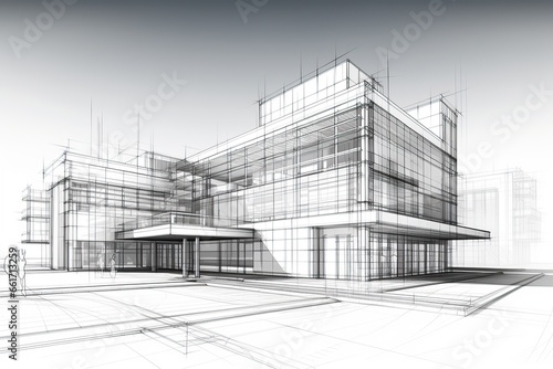 Sketch design of wireframe of building. Digital project visualization. © Oulaphone