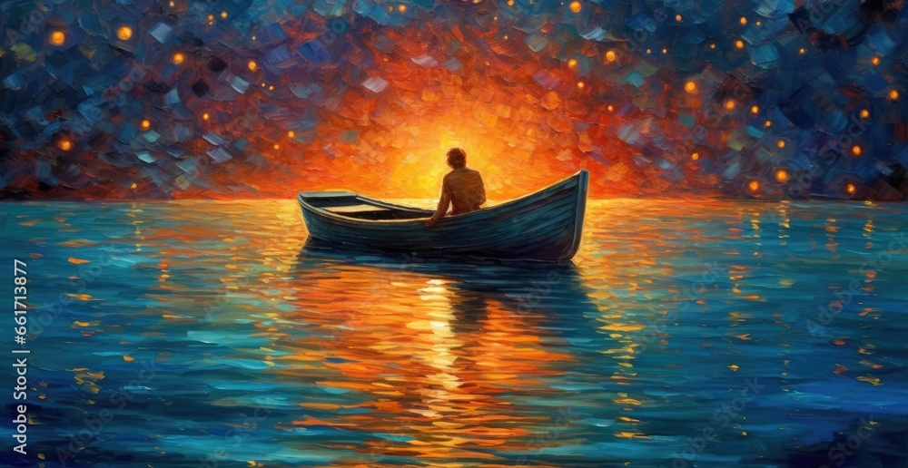 Fototapeta premium boat with sky lanterns at the lake in romantic sunset