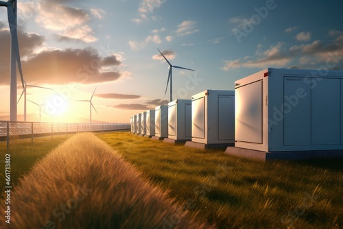 Modern battery energy storage system with wind turbines and solar in grass fields