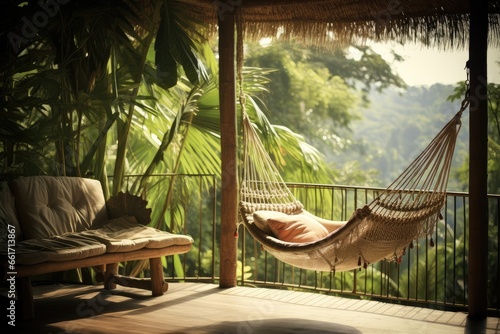 Hammock balcony of bamboo tree house in tropical forest. Creating a serene and relaxing ambiance surrounded by the nature. © Oulaphone
