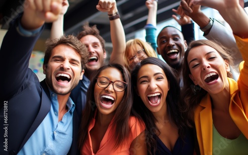 Group of happy people against the background of stock quotes