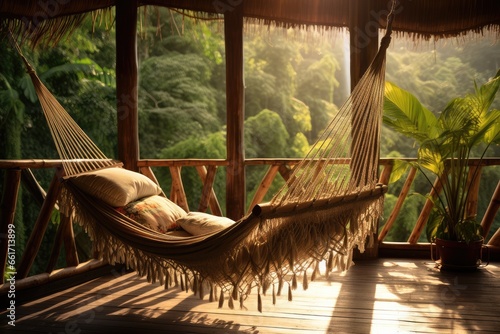 Hammock balcony of bamboo tree house in tropical forest. Creating a serene and relaxing ambiance surrounded by the nature.