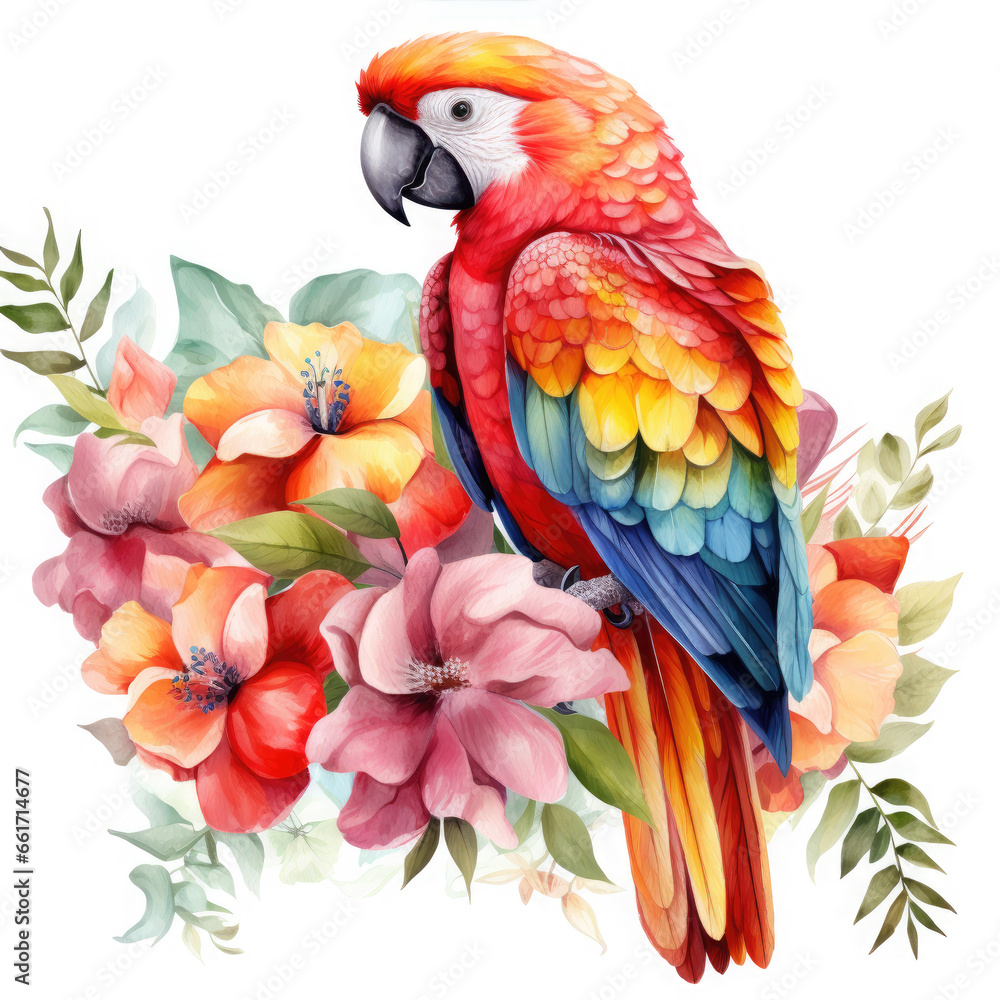 Obraz premium Parrot flower and fruit Illustration, Generative Ai