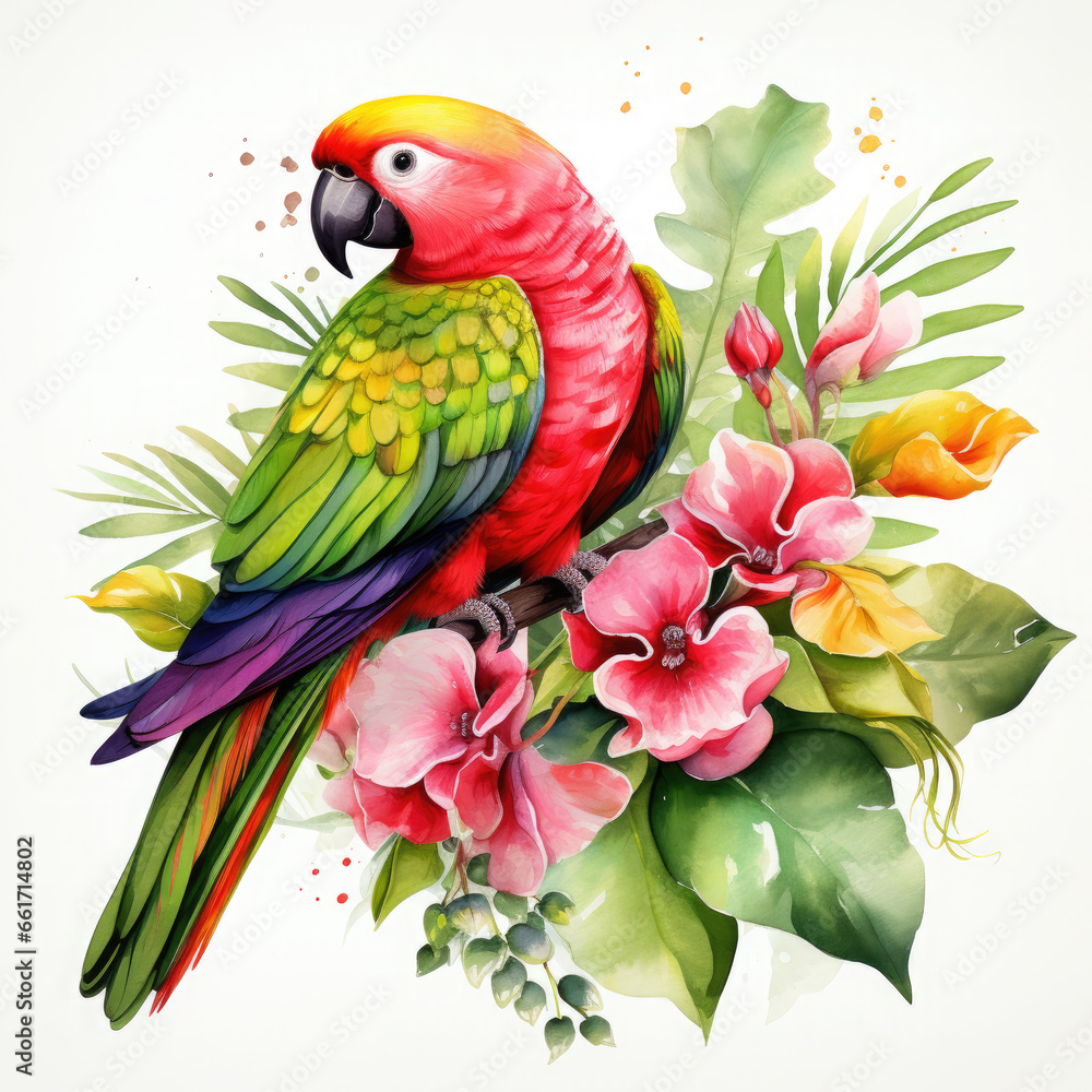 Fototapeta premium Parrot flower and fruit Illustration, Generative Ai