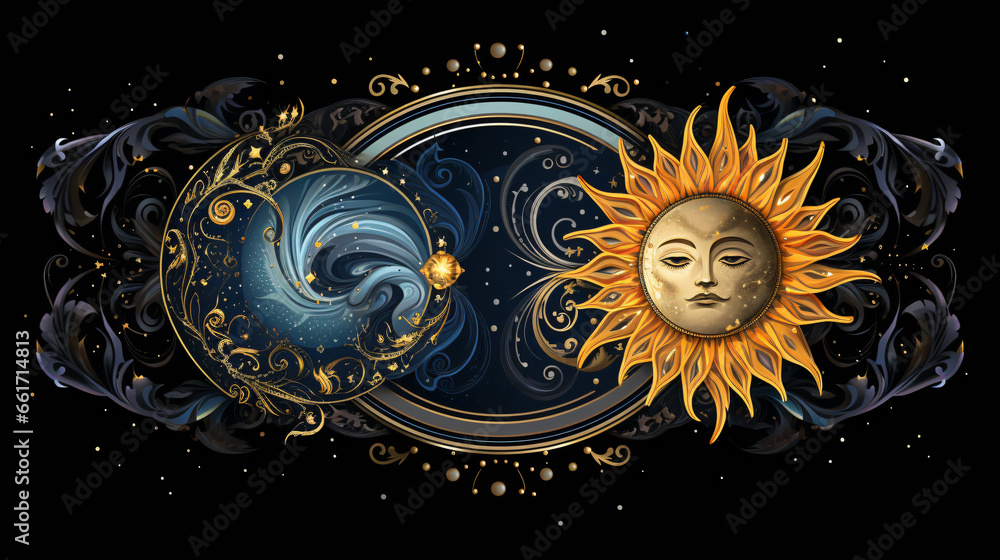 A sun and moon with ornate designs