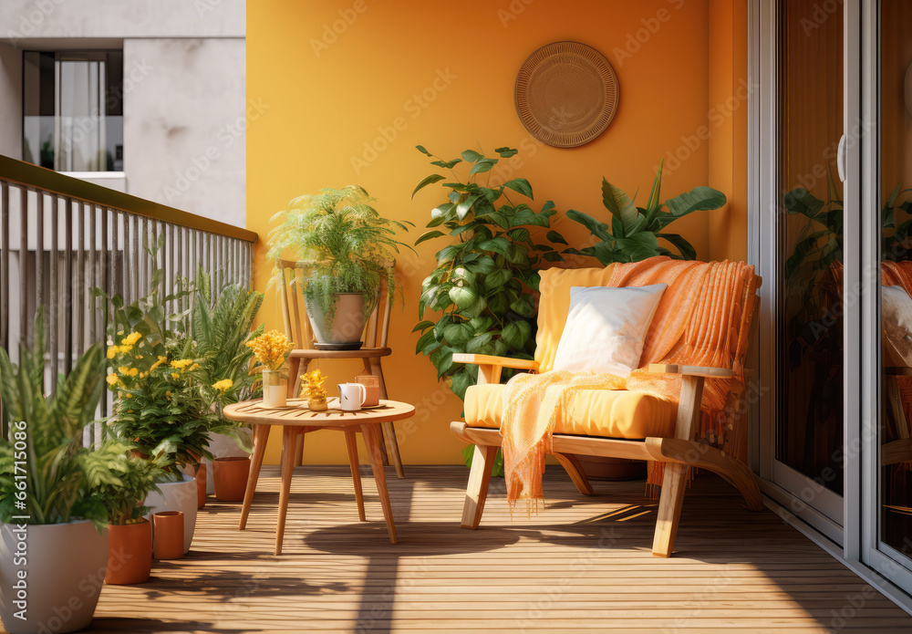 an apartment balcony with yellow furniture, pots, and plants