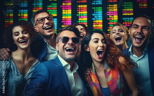 Group of happy people against the background of stock quotes