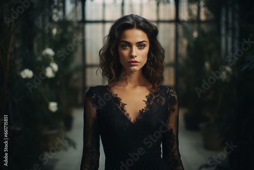 Beauty, fashion and make-up concept. Young beautiful woman with black dress in orangery. Sexy and seductive looking model in old and dark conservatory. Greenery in background. Generative AI