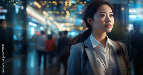 The businesswoman in her business suit is illuminated by dynamic and modern technology lighting design in both the foreground and background.