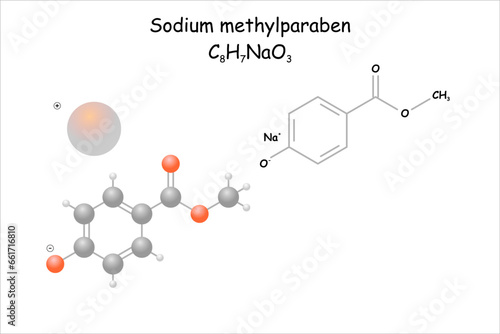 Sodium methylparaben. Stylized molecule model and structural formula.