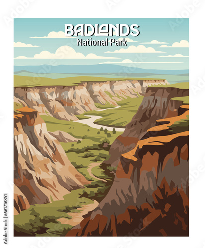 Vector Art of Badlands National Park. Template of Illustration Graphic Modern Poster for art prints or banner design