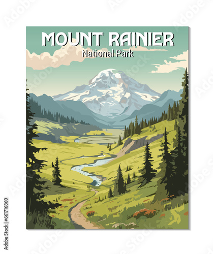 Vector Art of Mount Rainier National Park. Template of Illustration Graphic Modern Poster for art prints or banner design