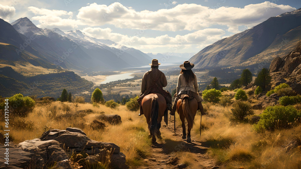horseback riding through the mountains and streams of Argentine Patagonia, wonderful landscape, pure nature, Latin America - obrazy, fototapety, plakaty 
