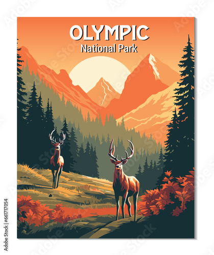 Vector Art of Olympic National Park. Template of Illustration Graphic Modern Poster for art prints or banner design