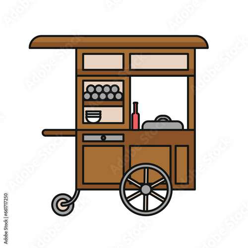 Meat ball food cart, rombong baso in cartoon style, gerobak abang tukang bakso - Vector photo