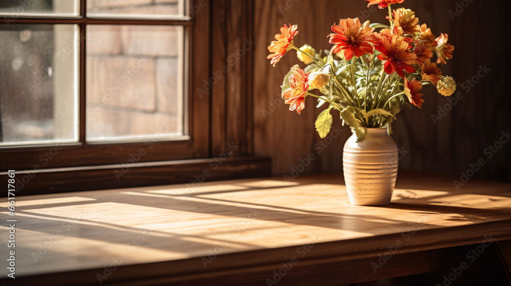 A wooden table with a vase of flowers