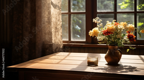 A wooden table with a vase of flowers © Cedar