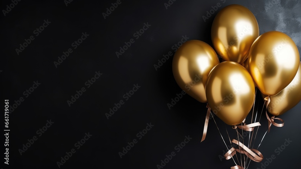 Golden balloons in front of a black background, leave blank Golden balloons in front of a black background, leave blank