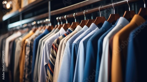 Men's tops hanging neatly on a rack in a room photo