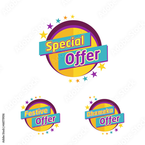 Special Offer, Festive Offer,  Dhamaka Offer Sticker label Logo Design Vector. Retail, Electronics,  Discount, Sale