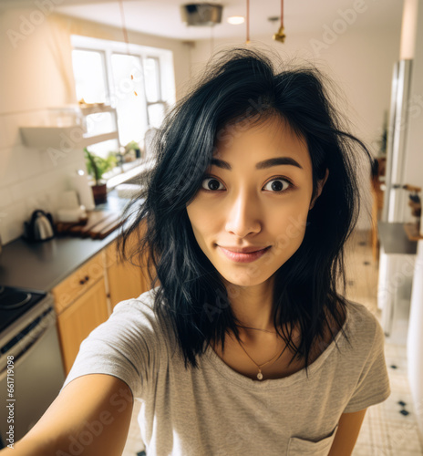 Young Asian woman taking a selfie at home