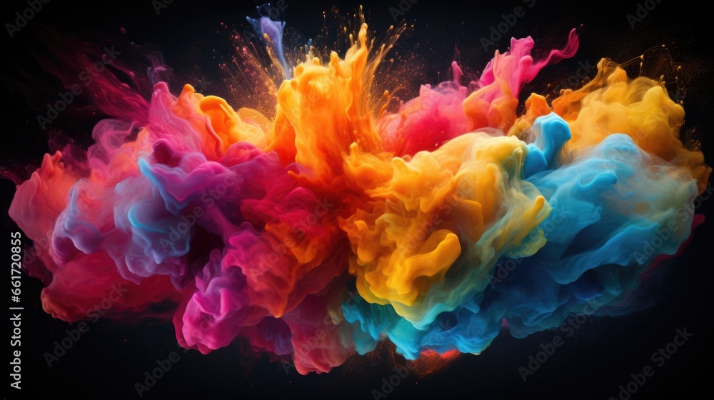 Abstract liquid water color ink explosion on black background wallpaper with vibrant, multi-colored motion