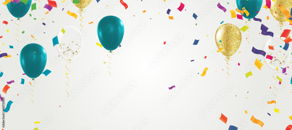 Poster background with colorful balloons and confetti on birthday template