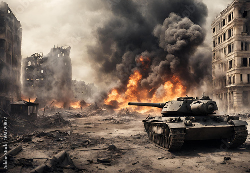 Tanks among the destroyed city, City war battlefield, war scene with explosion in city, tanks and other military vehicles, Battlefield with soldiers and tanks 