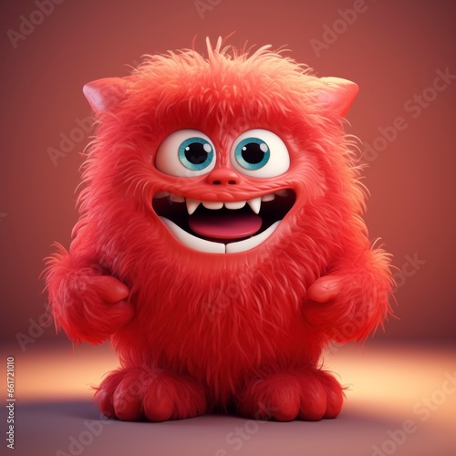 red doll with big green eyes smiling  disheveled  hairy arms  white teeth