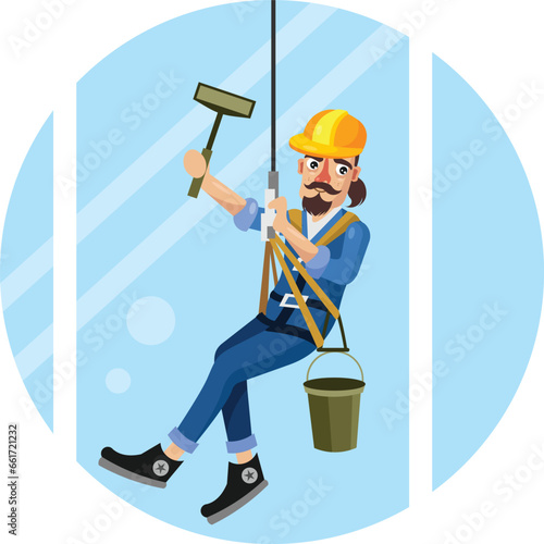 Window Washer High Building Vector Illustration