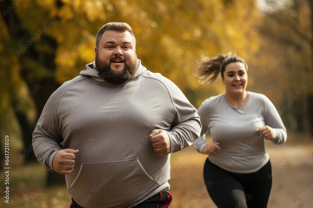 Fototapeta premium Overweight or fat couple running or jogging together at park