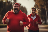 Overweight or fat couple running or jogging together at park