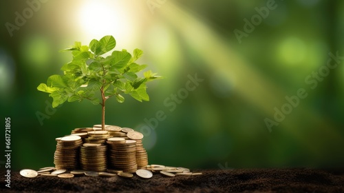 The tree grows on the Coin pile. Saving money for the future. Green background with bokeh