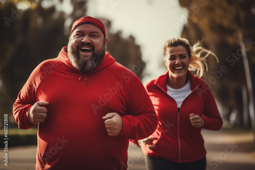 Overweight or fat couple running or jogging together at park photo