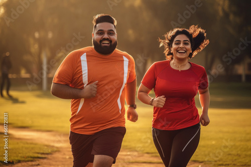 Overweight or fat couple running or jogging together at park